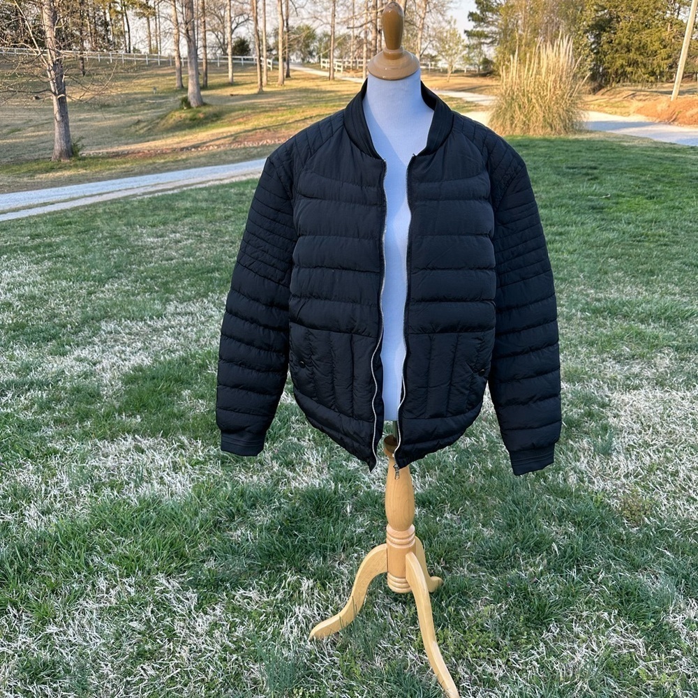 Black Quilted Puffer Jacket with Stand-Up Collar